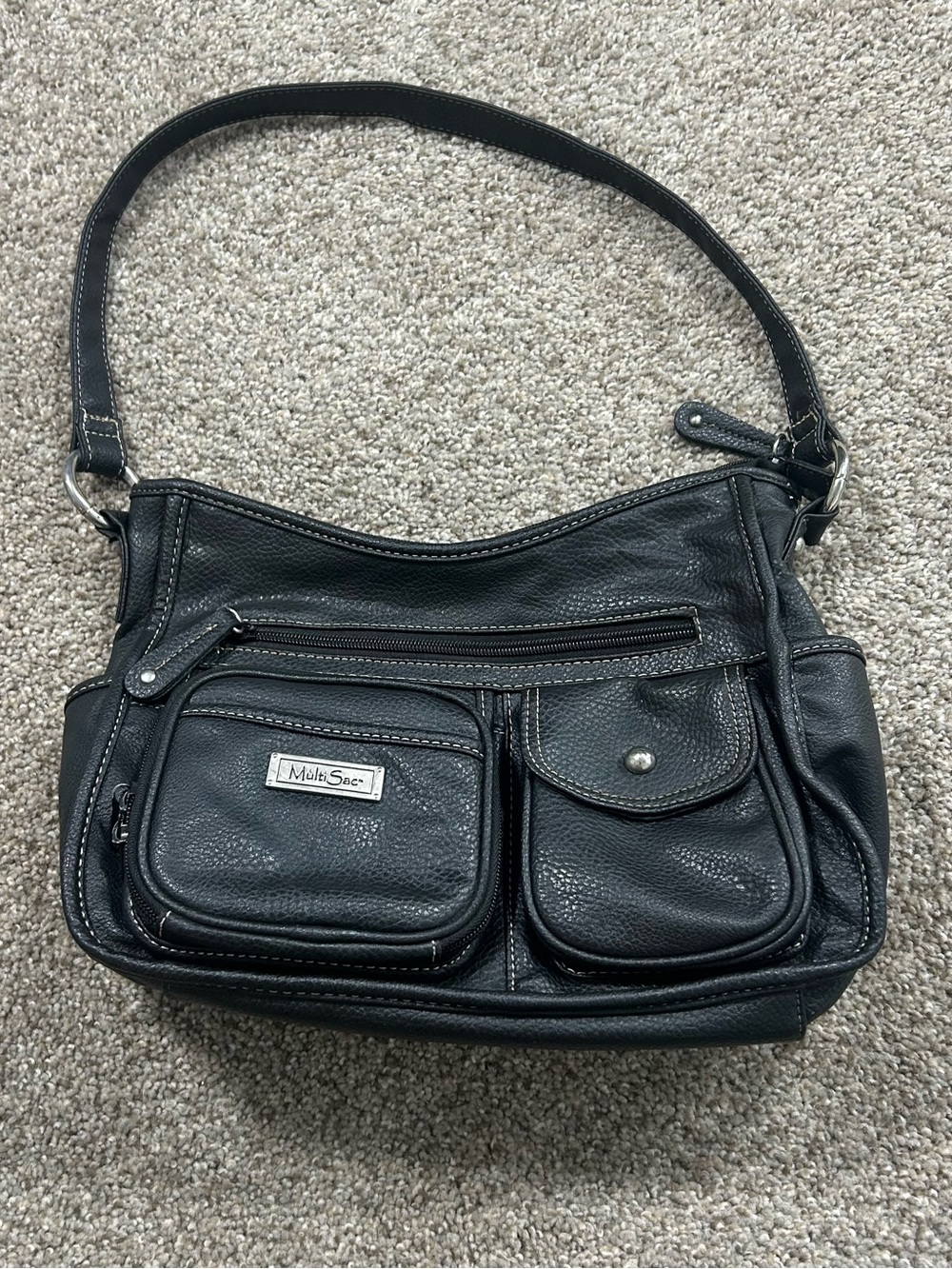 Black Pebble Leather Shoulder Bag with Front Pockets